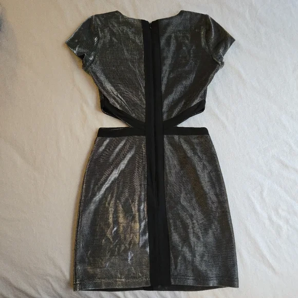 Arden B Metallic 90s Y2K Silver Cutout Black Trim Mini Dress NAT1 - Picture 10 of 11